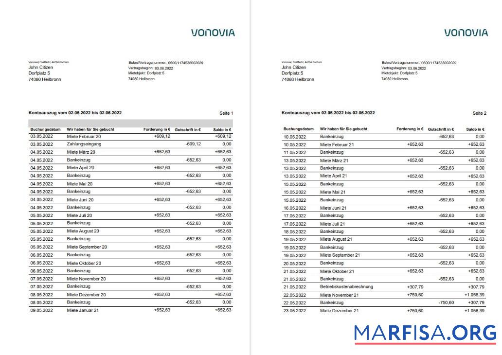 Realistic Germany Vonovia bank statement on deutsch word 3 pages sample